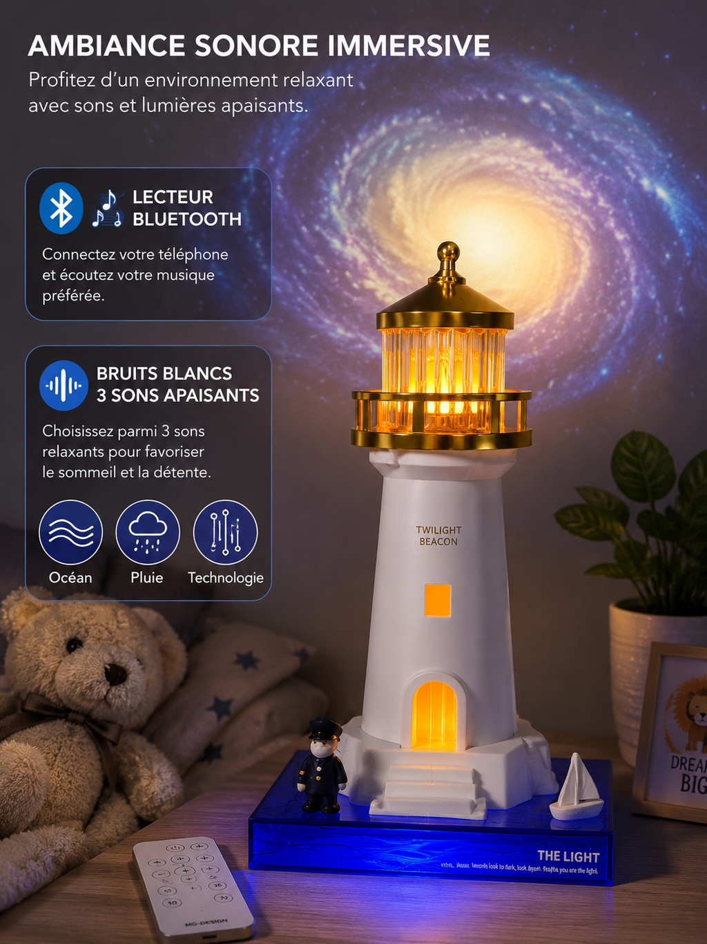 Veilleuse Phare Crépuscule – Projection, Bluetooth & Bruits Blancs